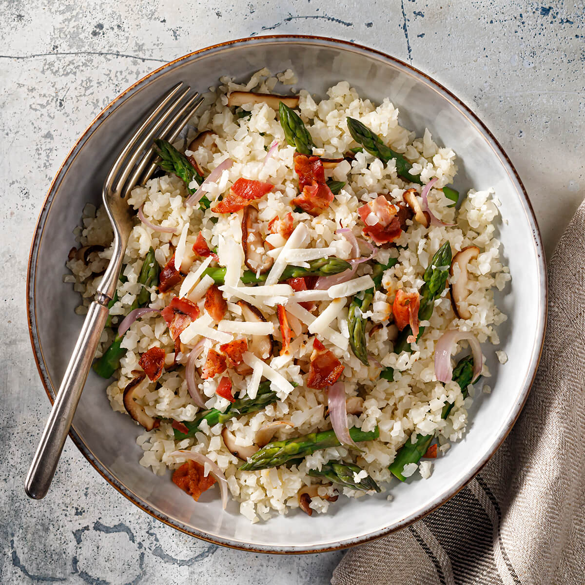 Cauliflower Risotto with Pancetta, Asparagus and Mushrooms Recipe