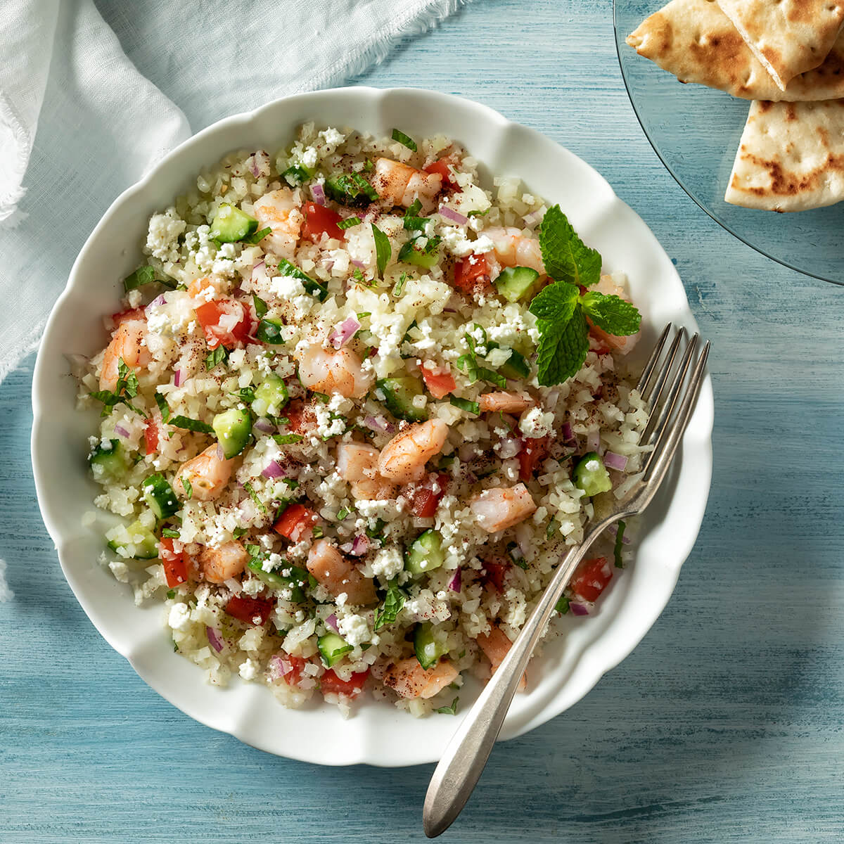 Riced Cauliflower with Chilled Shrimp and Mediterranean Vegetable Salad Recipe