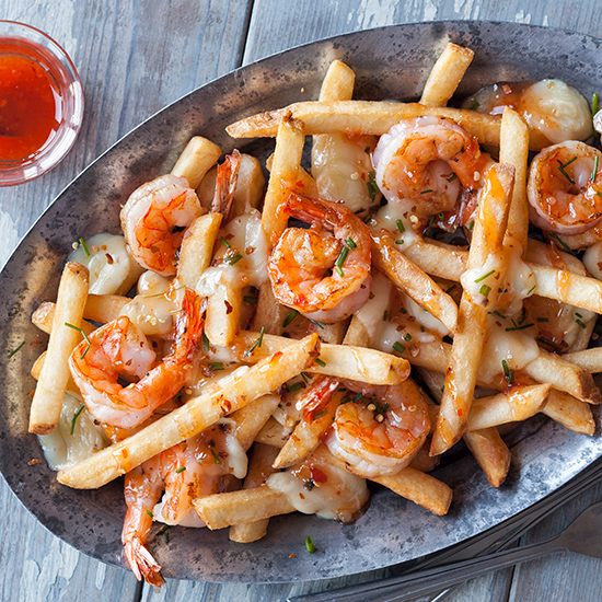 Spicy Shrimp Poutine with Sweet Chili Sauce